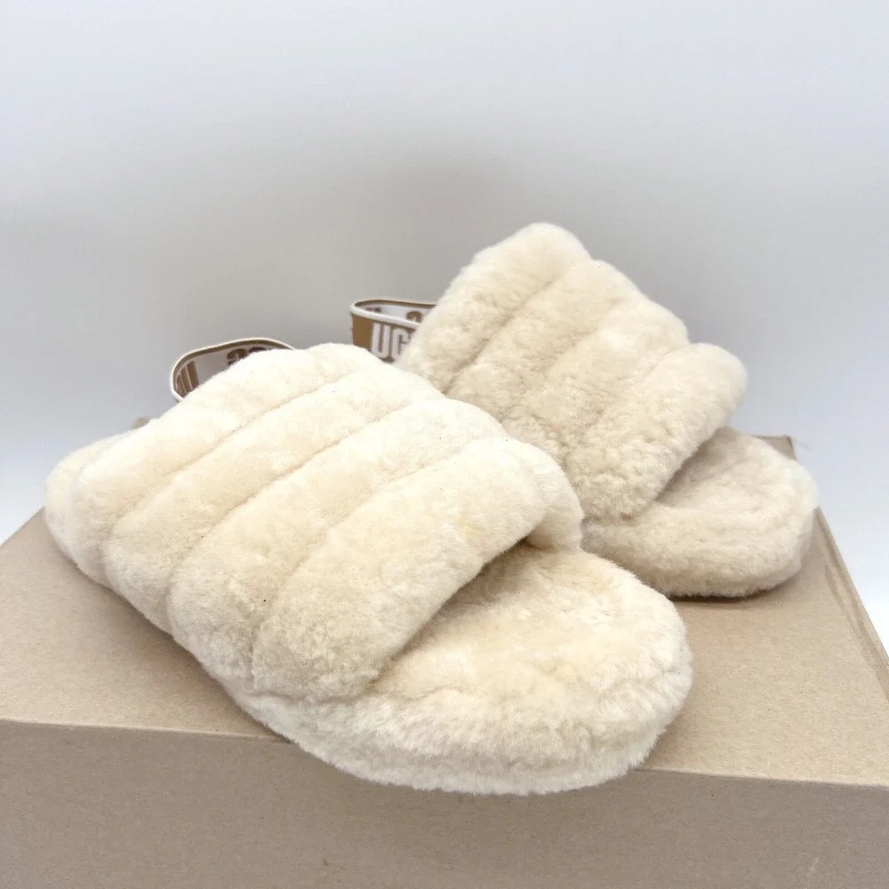 UGG Fluff Yeah Genuine Shearling Platform Slingback Sandal Slide Beige US 6 - Picture 4 of 12